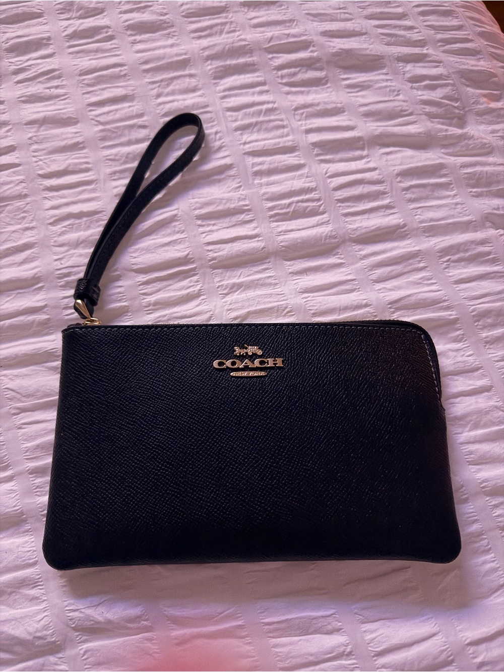 Coach Black Leather Zip Wristlet with Gold Hardware